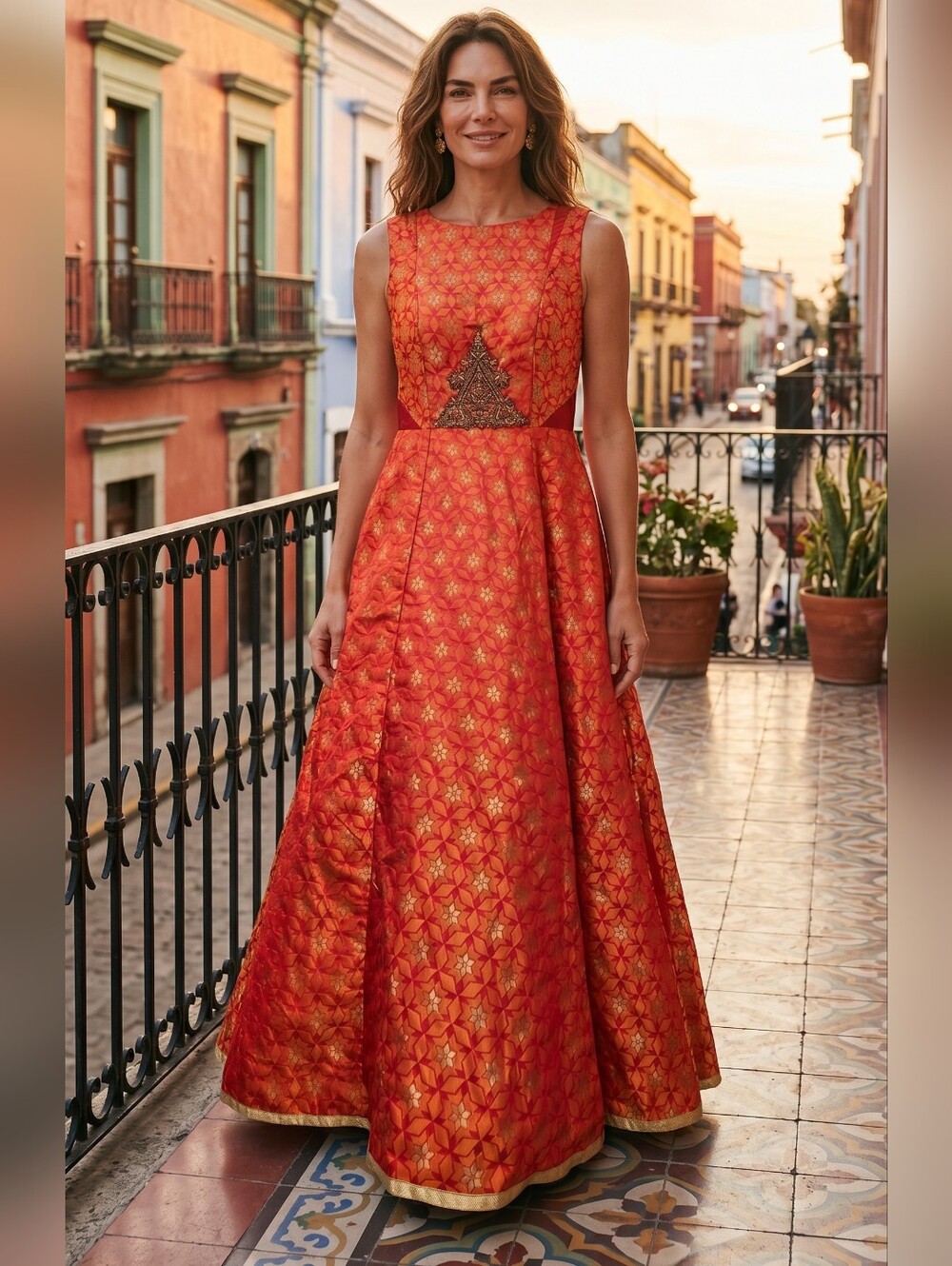 Swatee Singh Orange/Gold Star Brocade Gold Jewel Applique Sleeveless Gown